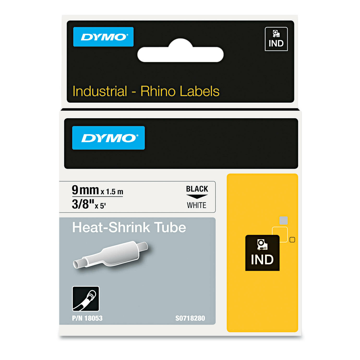 Dymo Rhino Heat Shrink Tubes Industrial Label Tape 3/8" x 5 ft White/Black Print 9mm