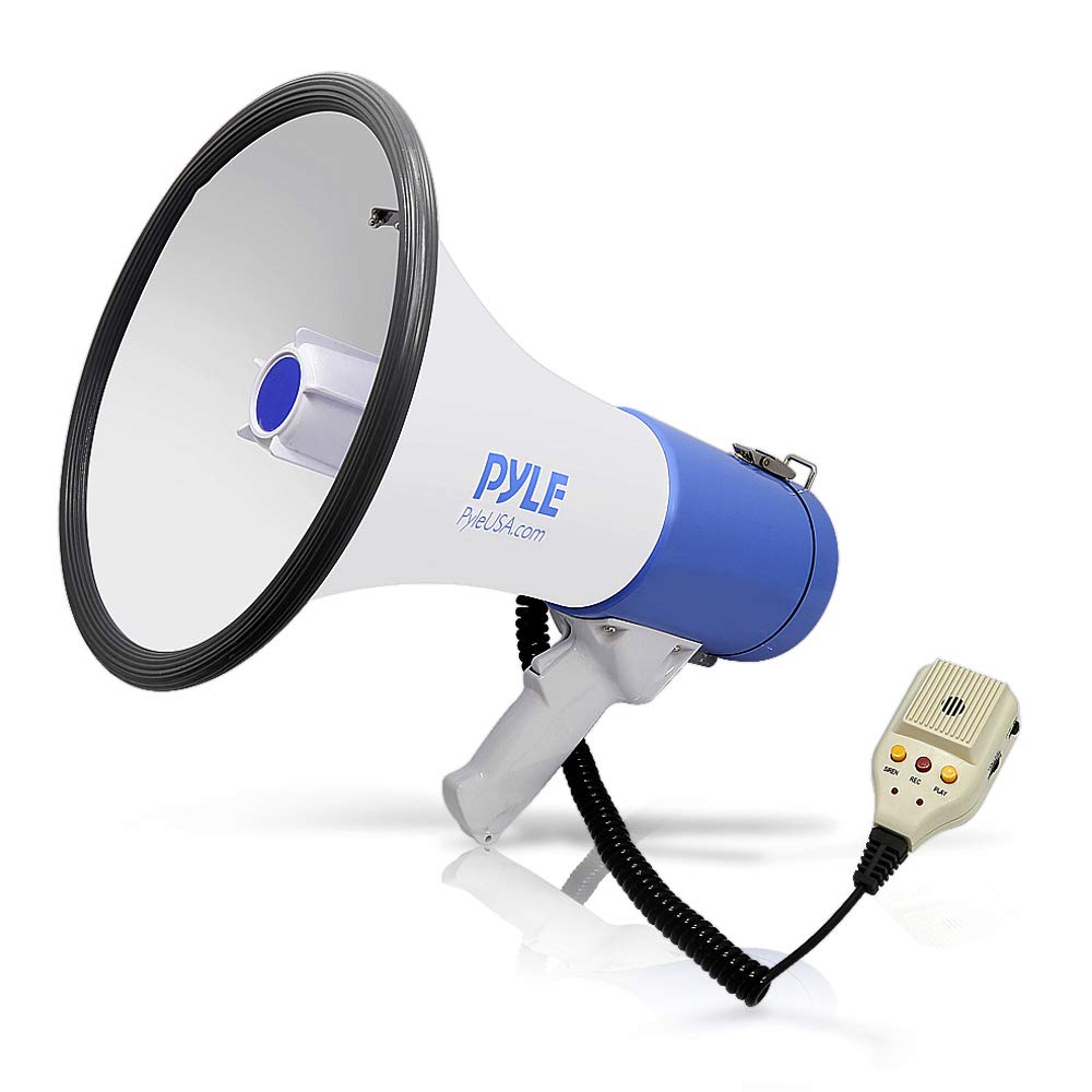 Pyle Megaphone PA Bullhorn Speaker - Built-in Siren 50 Watts Rechargeable Battery- 10 Sec Record Function for Football Baseball Basketball Cheerleading Fans Coaches or for Safety Drills - (PMP59IR)