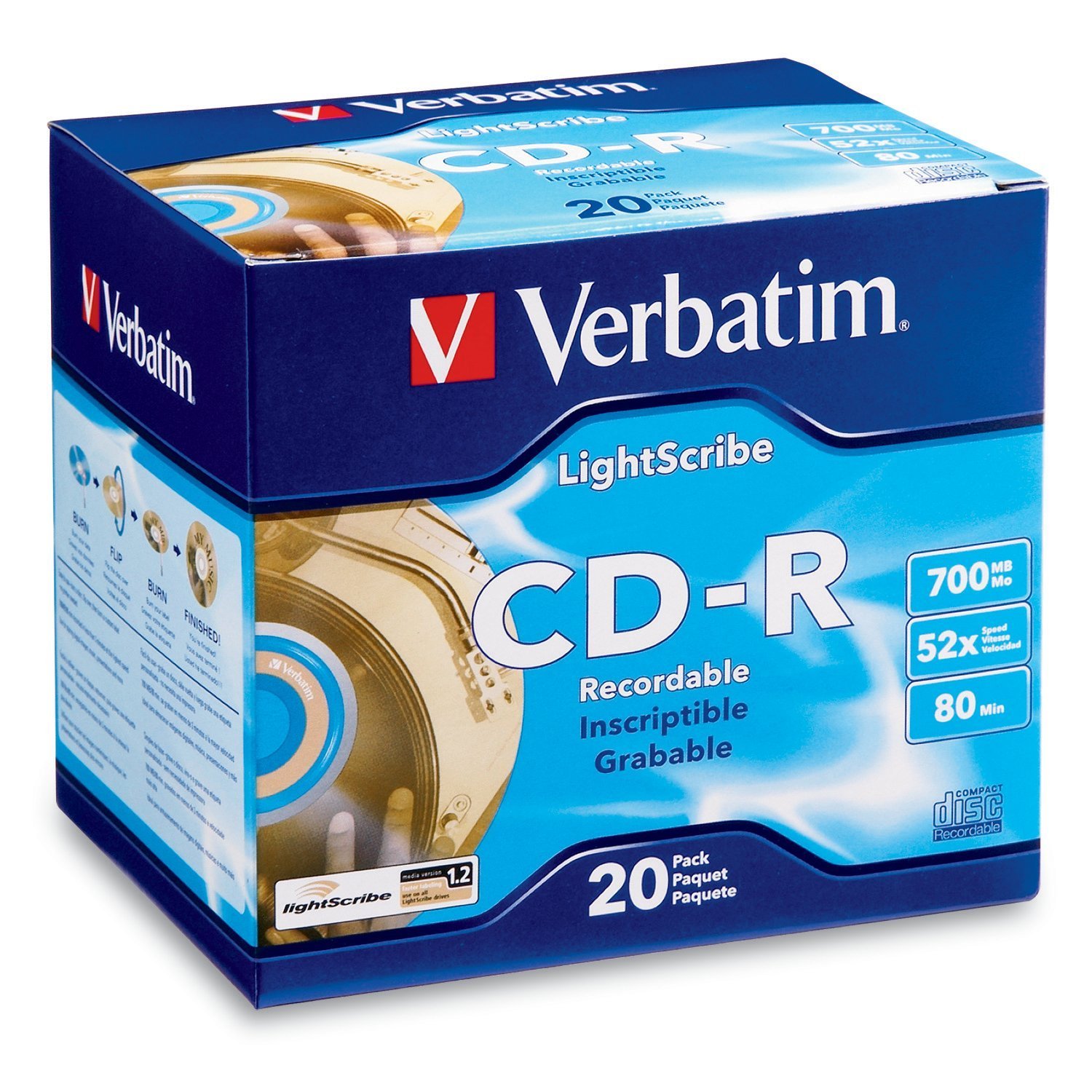 Verbatim 700 MB 52x LightScribe Gold Recordable Discs CD-R, 20-Disc Slim Case 95092