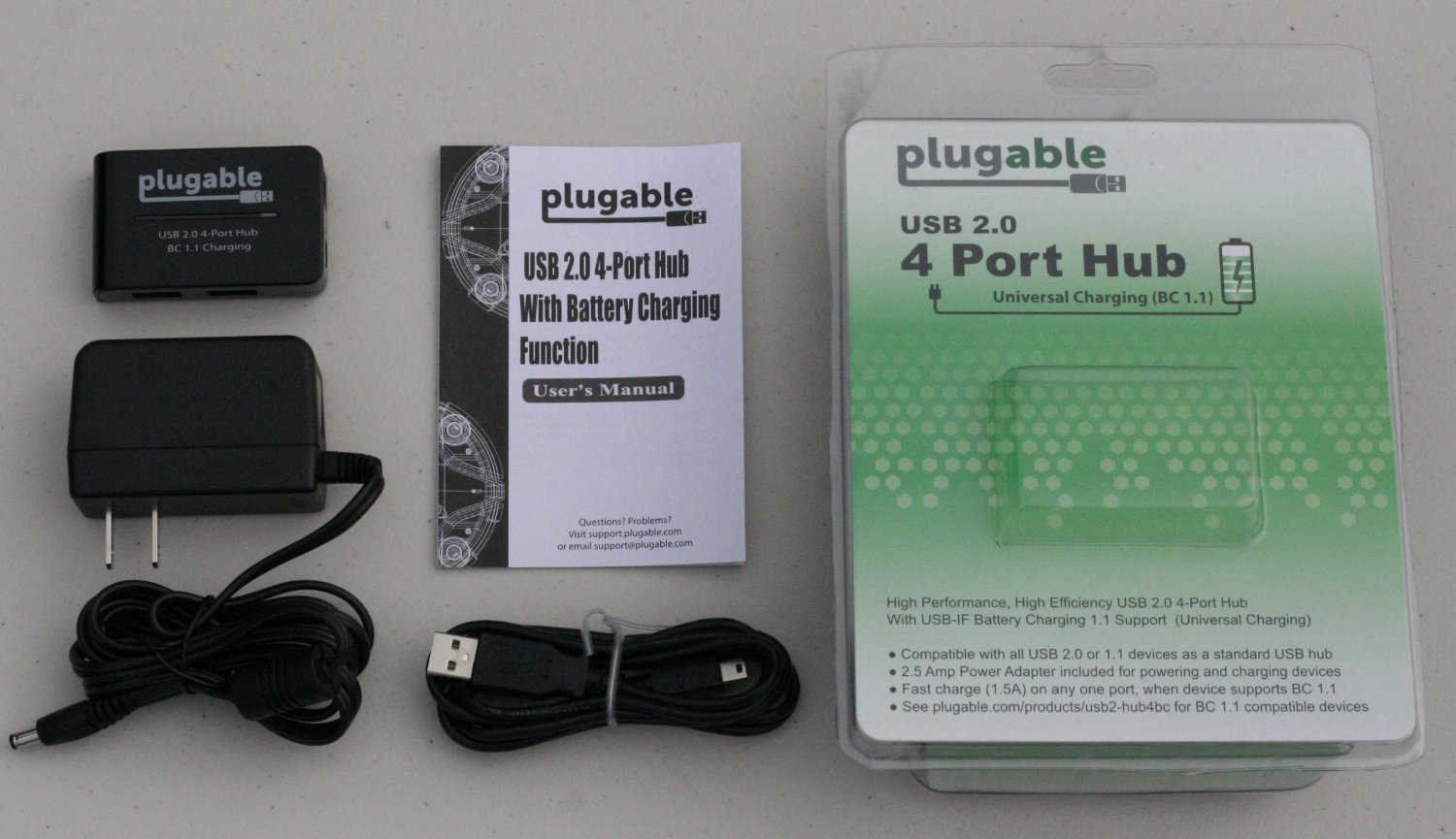 Plugable USB 2.0 4 Port Hub and BC 1.1 Standard compliant Fast Charger with 12.5W Power Adapter, charges Samsung Galaxy S4, iPhone 5, iPad 4, iPad Mini, Nexus 7