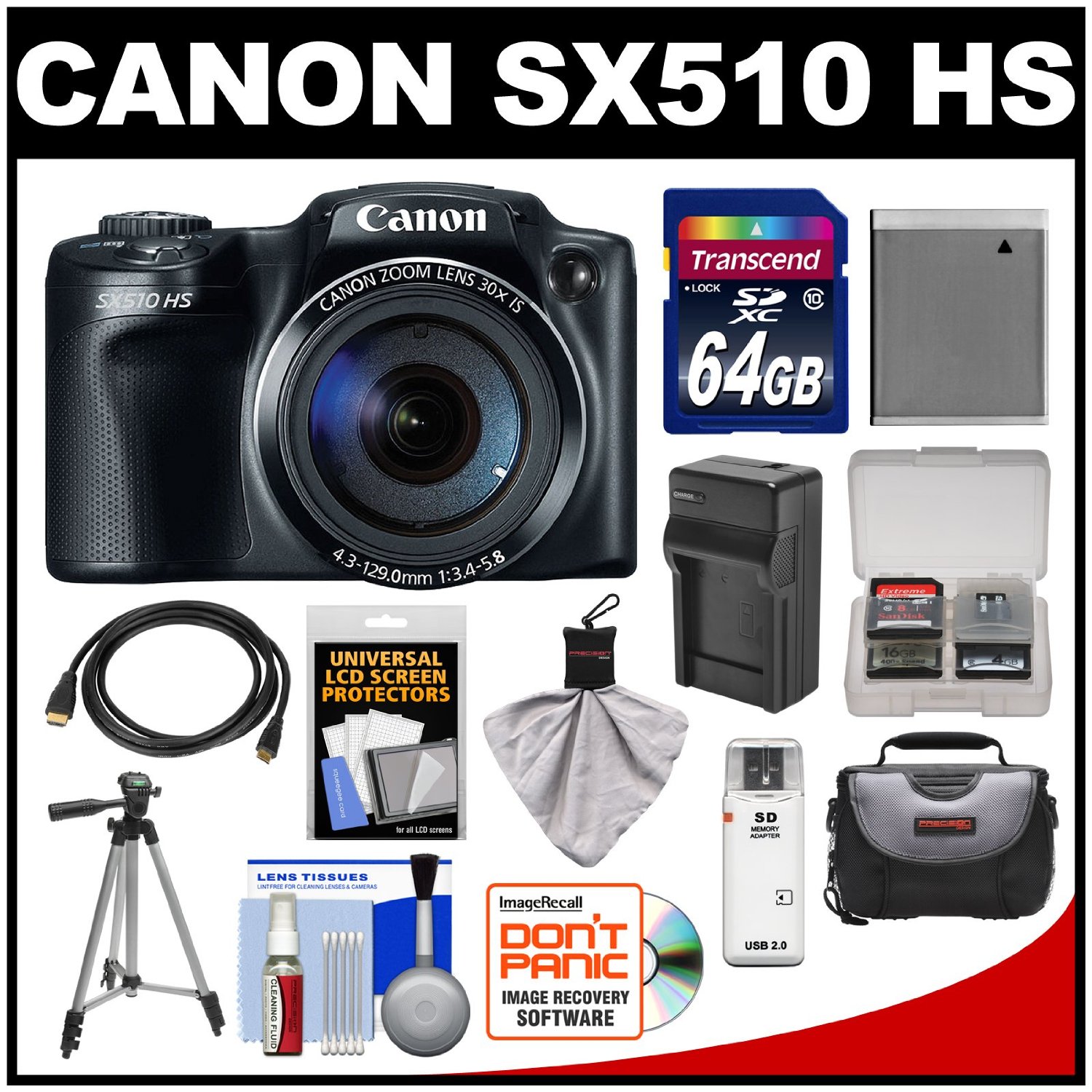Canon PowerShot SX510 HS Digital Camera (Black) with 64GB Card + Case + Battery & Charger + Tripod + HDMI Cable + Kit