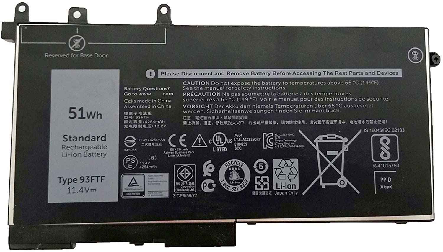 Batería genérica para laptop 11.4V 51Wh 93FTF para Dell Precision 15 3520 Latitude E5480 E5580 E5590 5280 Series Notebook D4CMT