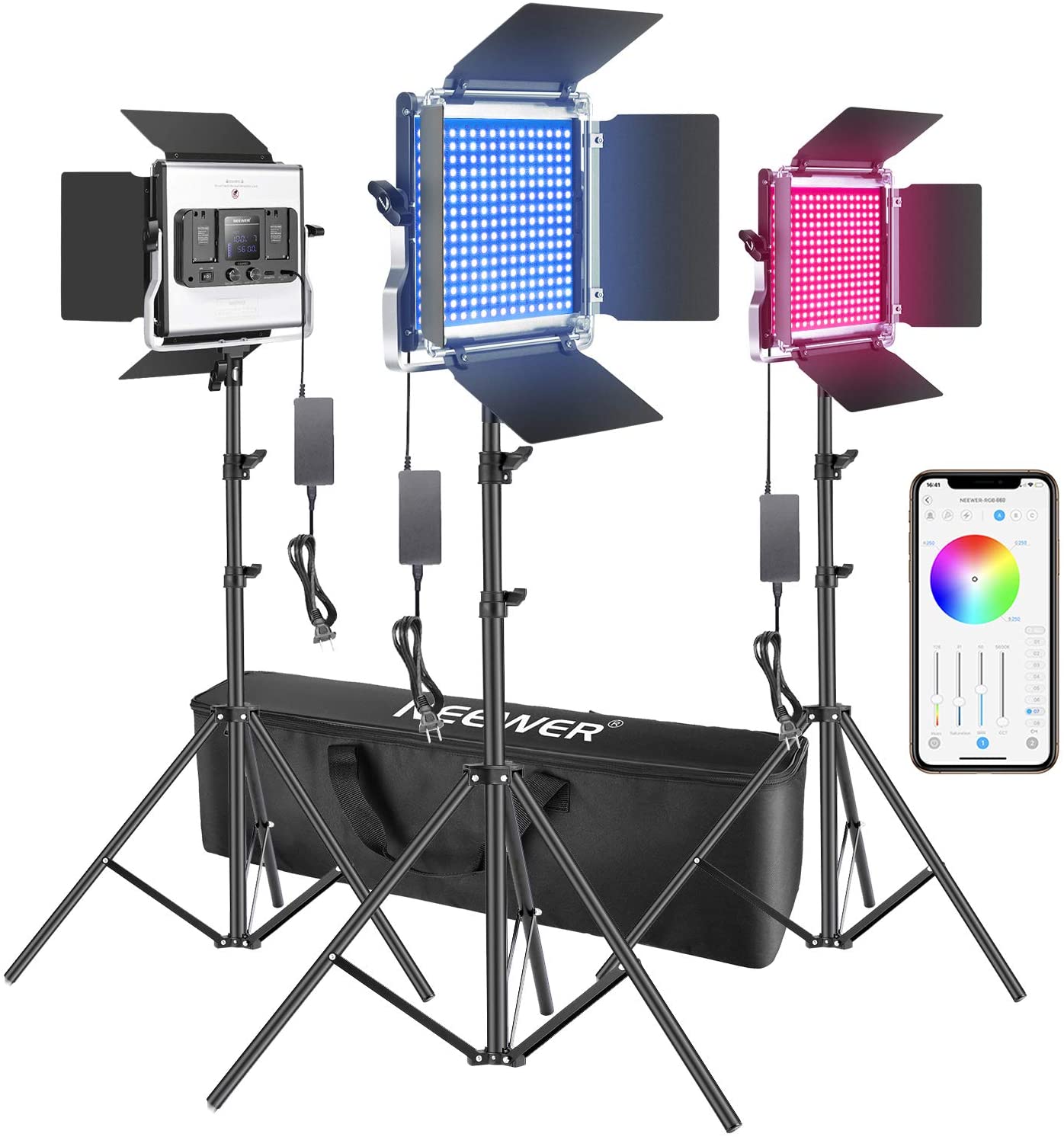 Neewer 3 Packs 660 RGB Led Light with APP Control, Photography Video Lighting Kit with Stands and Bag, 660 SMD LEDs CRI95/3200K-5600K/Brightness 0-100%/0-360 Adjustable Colors/9 Applicable Scenes