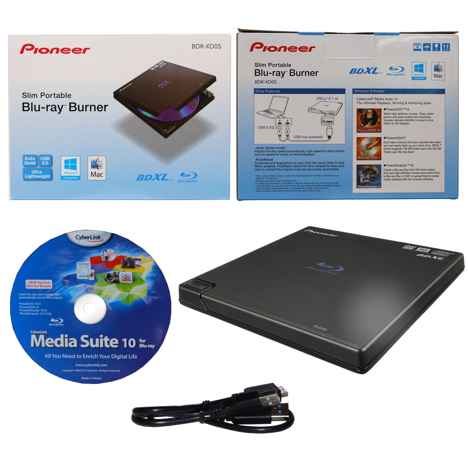 Pioneer Blu-ray Portátil Externo Slim BDXL Unidad Grabadora Quemador De Dvd Cd