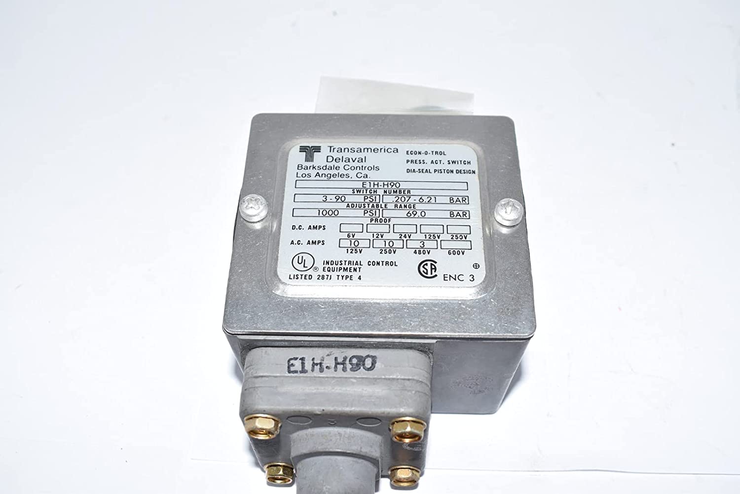 BARKSDALE E1H-H90 ECON-O-TROL PRESSURE ACTUATED SWITCH 3-90 PSI D215470  1/4 Npt Input Voltage 480 V-AC