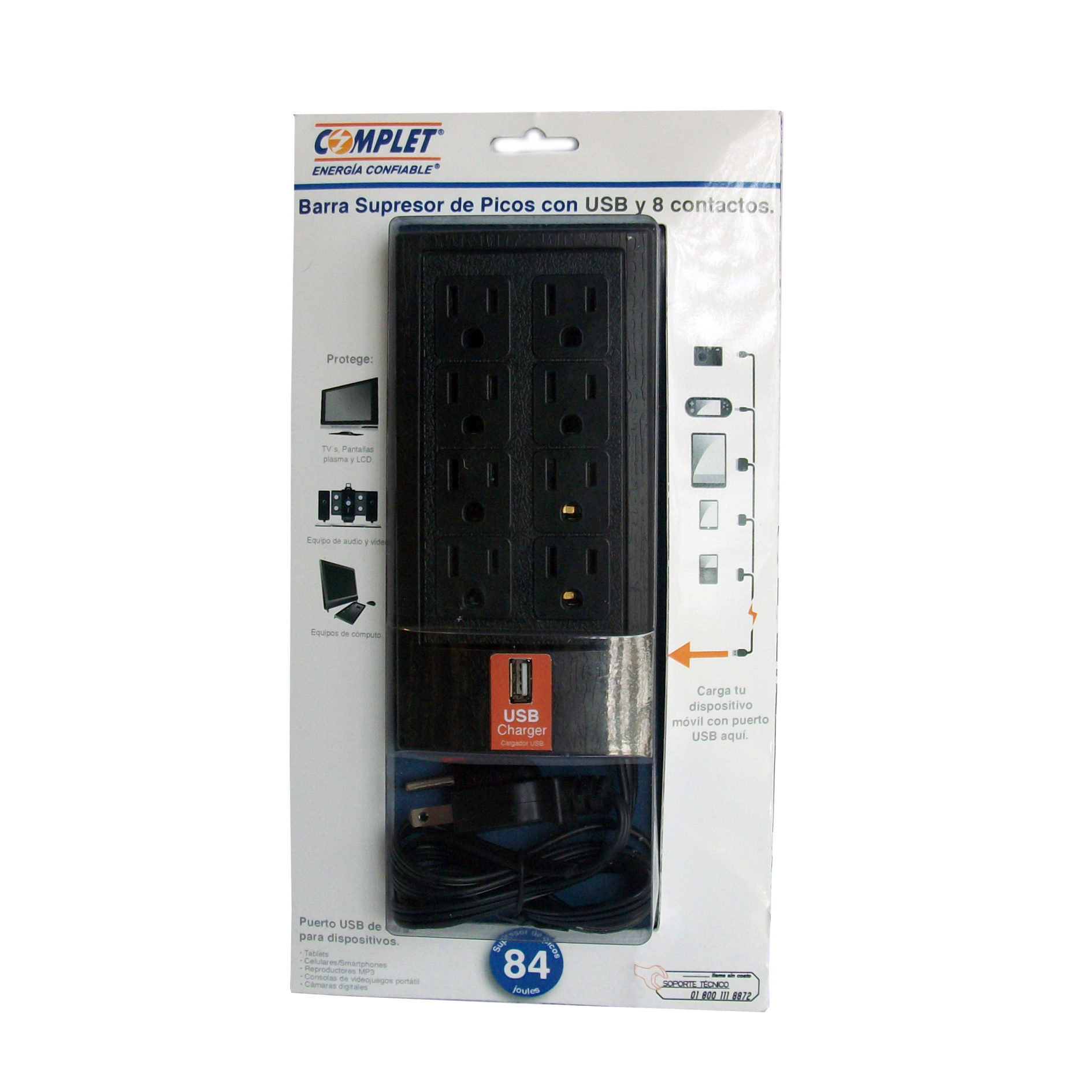 SUPRESOR DE PICOS COMPLET BRC-1-005 750W/1 USB CARGA/8 CONT