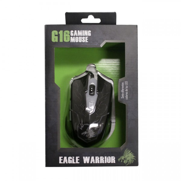 EAGLE WARRIOR MS G16 MOUSE GAMING USB CON LUZ DE FONDO, CONFIG. DPI: 800-1200-1600-2800, NEGRO