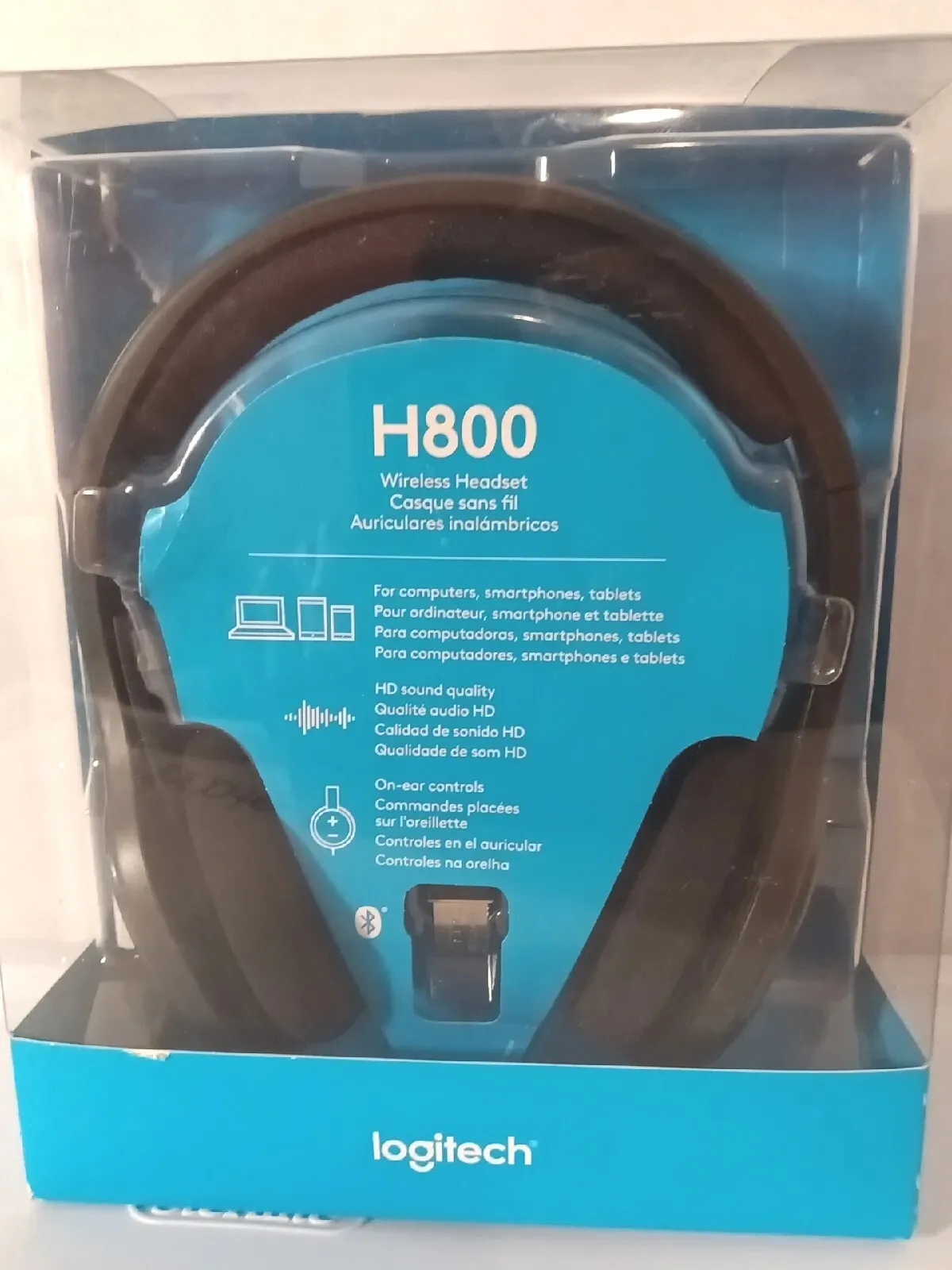 Auriculares inalámbricos sobre la cabeza Logitech H800 negros con micrófono lectura caja abierta/sin usar