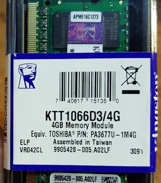 MEMORIA KINGSTON DE 4GB, DDR3-1066 PARA TOSHIBA
