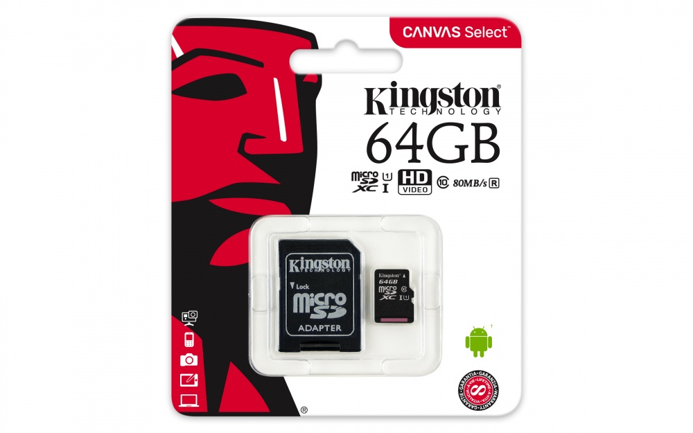 KINGSTON RM SDCS/64GB microSDHC/SDXC 64GB Canvas Select 80R CL10 UHS-I, Transferencia 80MB/seg lectura