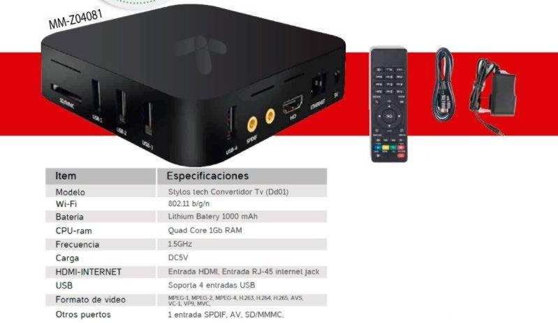 STYLOS MM STVTBX1B TV BOX QUAD CORE 1.5Ghz RAM 1GB HDMI RJ45  WIFI 802.11b/g/n 4xUSB  LECTOR DE TARJETAS  1 ENTRADA SPDIF  formatos MPEG-1, MPEG-2, MPEG-4, H.263, H.264, H.265, AVS,VC-1, VP9, MVC