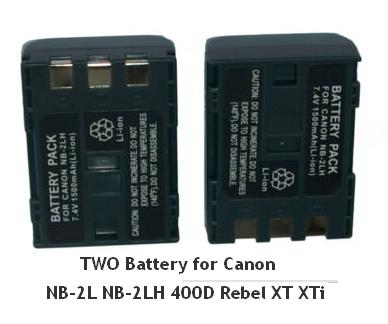 TWO Battery for Canon NB-2L NB-2LH 400D Rebel XT XTi