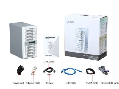 areca ARC-5040-U3 RAID level 0, 1, 10, 1E, 3, 5, 6, Single Disk or JBOD 8 3.5" Drive Bays eSATA/USB3.0/Firewire800/iSCSI/AoE/USB2.0 Hi-Speed USB 3.0 eSATA Firewire 800 iSCSI RAID Sub-System