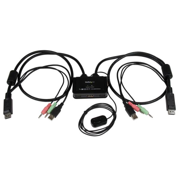 Conmutador Switch KVM 2 puertos DisplayPort® DP USB Audio con Cables Integrados - 1080p