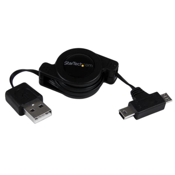 Cable Adaptador Retráctil de 76cm USB A Macho a Mini USB B y Micro USB B  Macho - Combo
