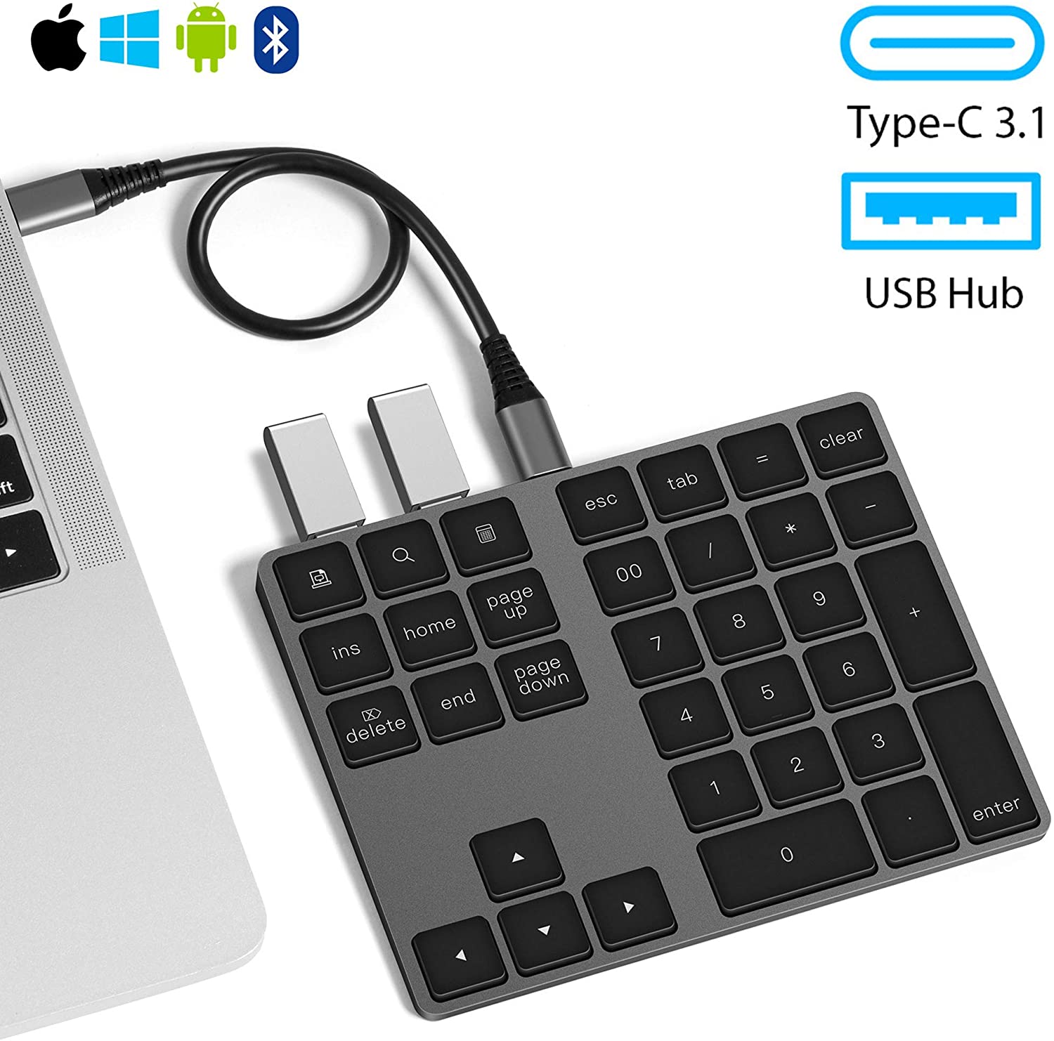 VOAMOKO USB Type-C Wireless Bluetooth Numeric Keypad with USB Hub for MacBook, MacBook Air, MacBook Pro, iPad,Surface Windows Android - External Number Pad for Laptop Tablets