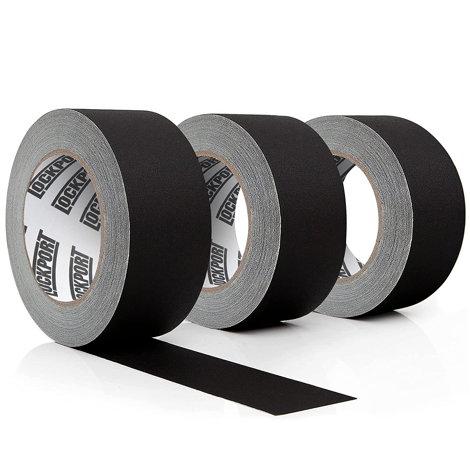 Lockport Black Gaffers - Paquete de 3 cintas de 90 pies x 2 pulgadas, impermeable, sin residuos, no reflectante, fácil de rasgar, cinta de escenario mate, Cinta de tela para fotografía, 00865368000471