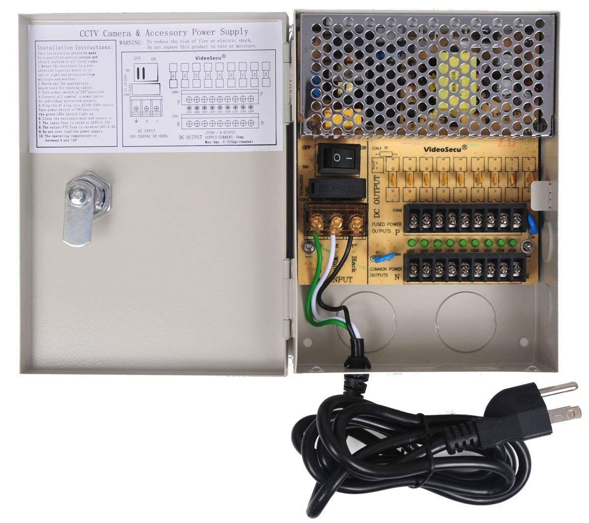 VideoSecu Key Lock 9 Output 12 V DC CCTV Distributed Power Supply Box Auto Reset for Security Camera WK9