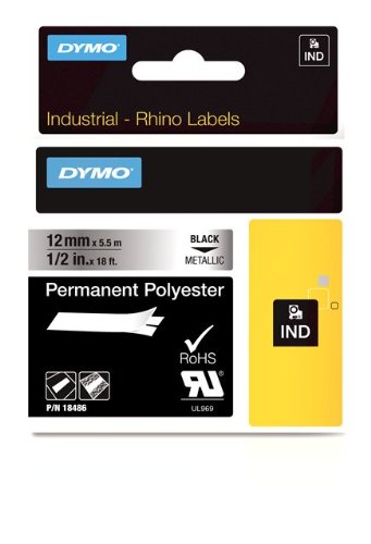 DYMO Industrial Permanent Labels for DYMO LabelWriter and Industrial RhinoPro Label Makers, Black on Metallic, 1/2", 1 Roll (18486)