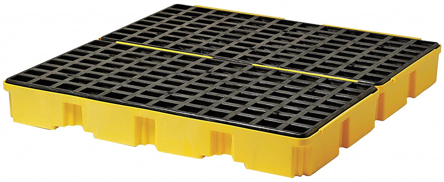 Eagle 1634 plataforma modular con 4 tambores de polietileno amarillo y negro con rejas en la parte superior 10 000 libr de capacidad de carga 52,5 de long 51,5" de ancho 6,5" de altura