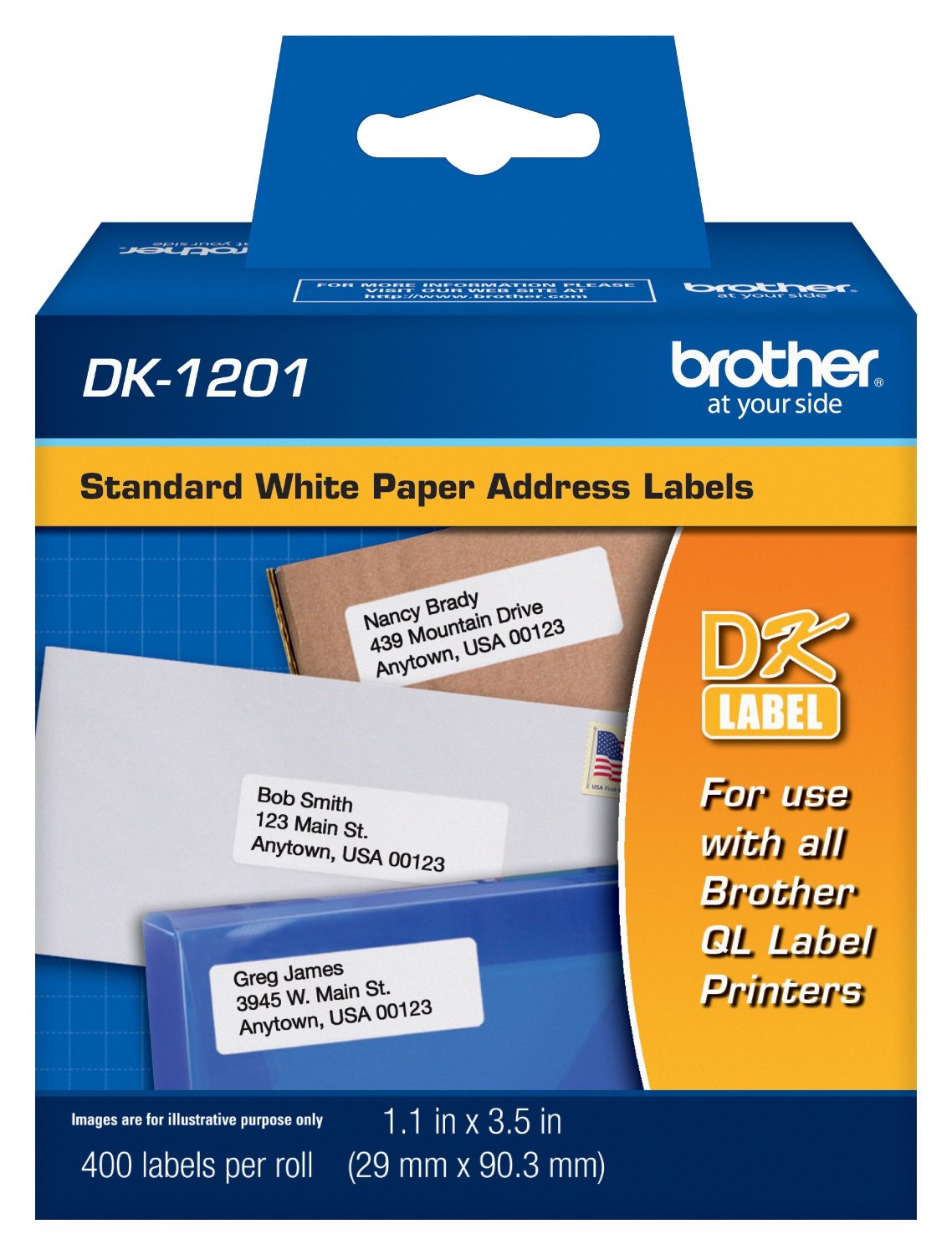 Brother DK-1201 Die-Cut Standard Address Etiquetas. 400 etiquetas. papel blanco.1-1/7 by 3-1/2 pulgadas (29mm x 90mm). Un rollo por caja