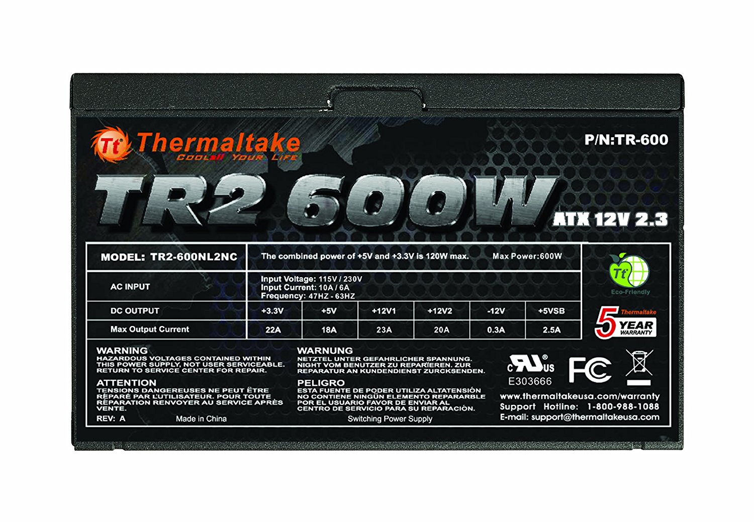 THERMALTAKE TR2 600W ATX 12 V2.3 FUENTE DE PODER TR-600CUS