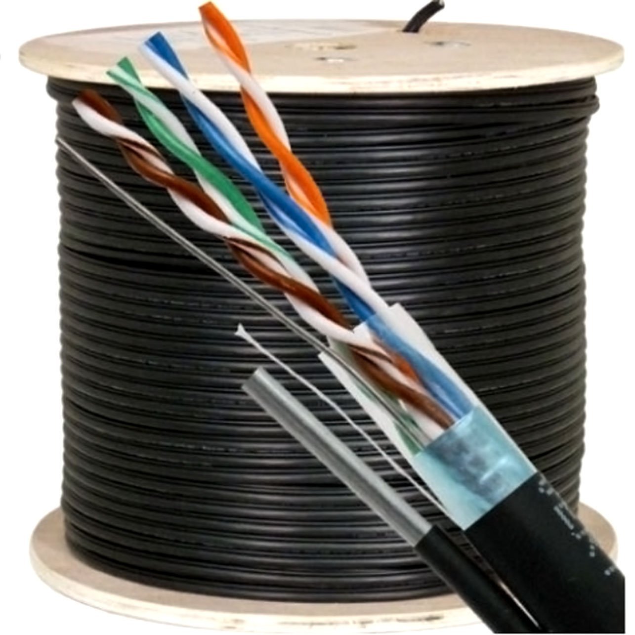 Vertical Cable Cat5e, 350 Mhz, Shielded, UV Jacket, Outdoor, CMX, Messenger, 1000ft, Black, Bulk Ethernet Cable, Wooden Spool