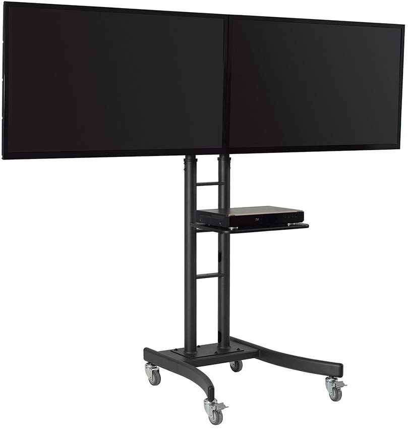 Atdec TH-TVCD Dual Display Mobile TV Cart with AV Shelf, Lockable Castors and MDF Media Shelf for Displays up to 110-Pound, Black