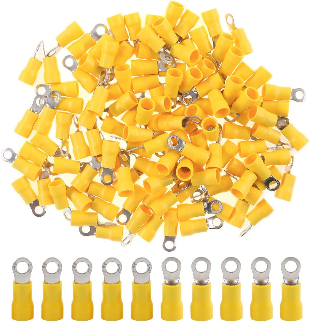 Hilitchi 100pcs 12-10AWG Terminales aislados anillo de cables eléctricos conectores de engarzado (amarillo, M4) (12-10AWG)