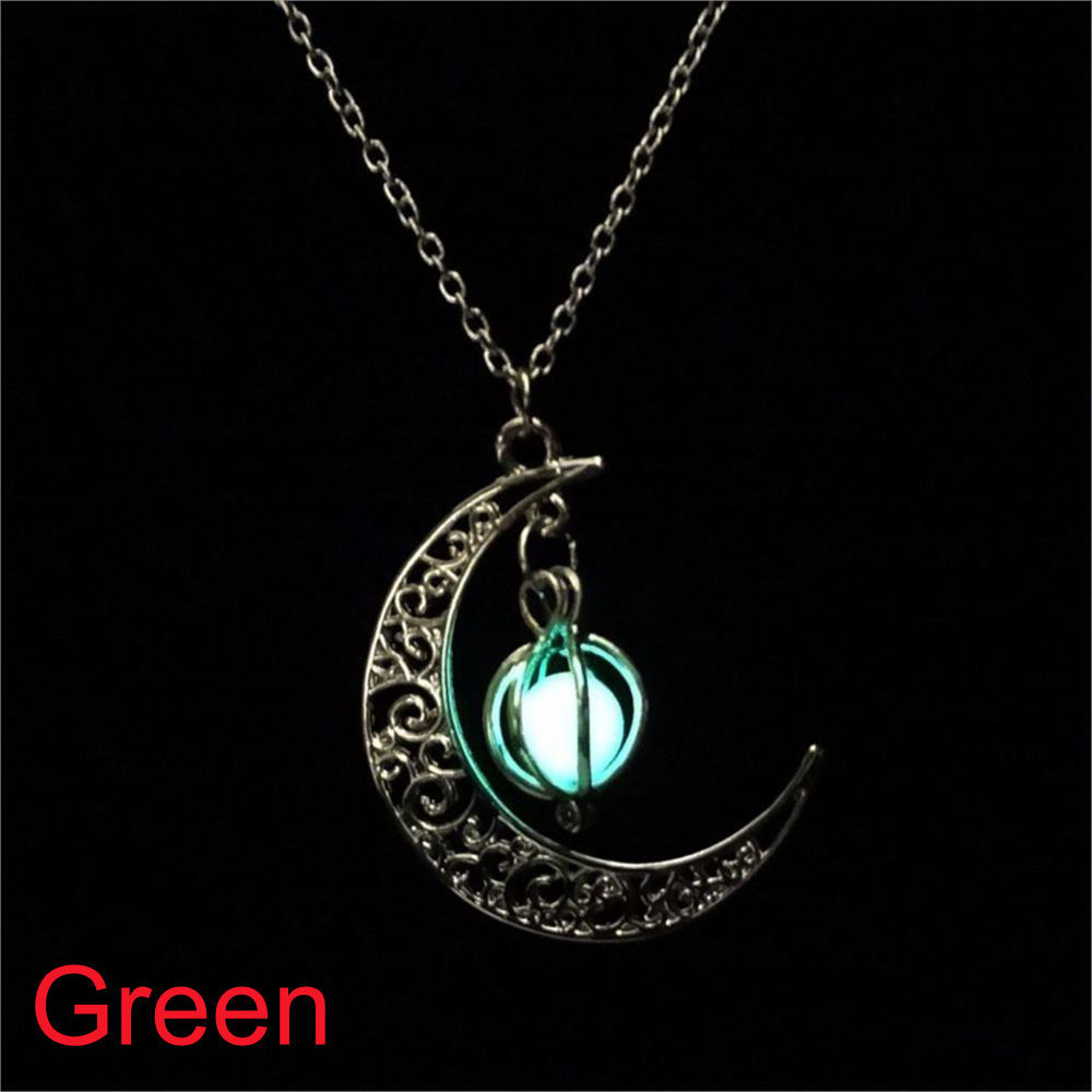 Glow In The Dark Luminous Necklace Moon&Pumpkin Pendant Silver Plated. GREEN