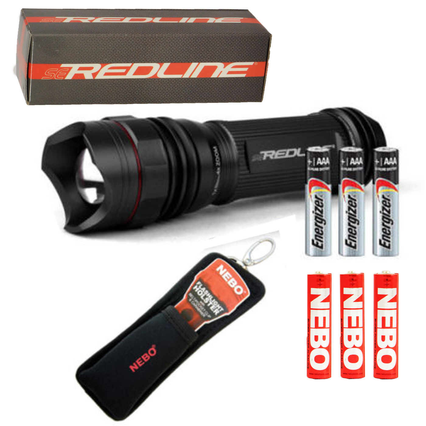 BUNDLE: NEBO SE Redline 5638 LED Flashlight Black w/ 3 EXTRA Batteries & Holster