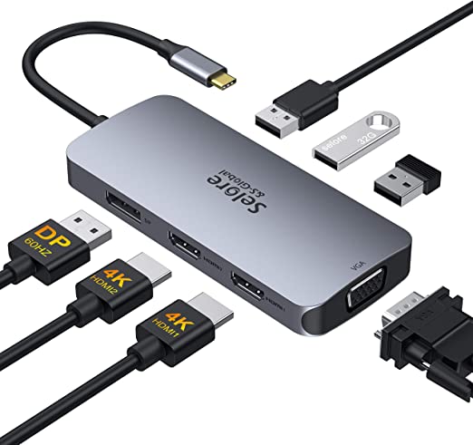 Adaptador USB C a doble HDMI, estación de acoplamiento USB C 7 en 1 a doble puerto HDMI DisplayPort VGA, USB C a 3USB 2.0, adaptador de monitor múltiple para Dell XPS 13 15, Lenovo Yoga, Huawei Matebook X Pro
