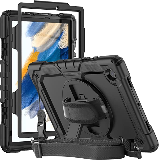 Herize Funda para Samsung Galaxy Tab A8 de 10.5 pulgadas 2022 SM-X200/SM-X205/SM-X207 con protector de pantalla para lápices, funda protectora resistente y duradera con correa de hombro para Galaxy Tab A8, color negro