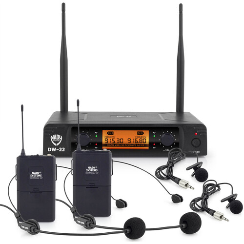 Sistema de micrófono inalámbrico digital con 2 micrófonos de diadema y 2 micrófonos Lav (902 a 951 MHz) Nady DW-22 LTHM