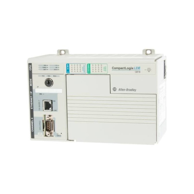 Procesador EtherNet compacto CompactLogix, memoria de 512 Kbytes, (1) puerto EtherNet / IP y (1) puerto serie RS-232 (DF1 o ASCII), 16 entradas de CC, 16 salidas de CC, alimentación de 24 V CC 1769-L23E-QB1B