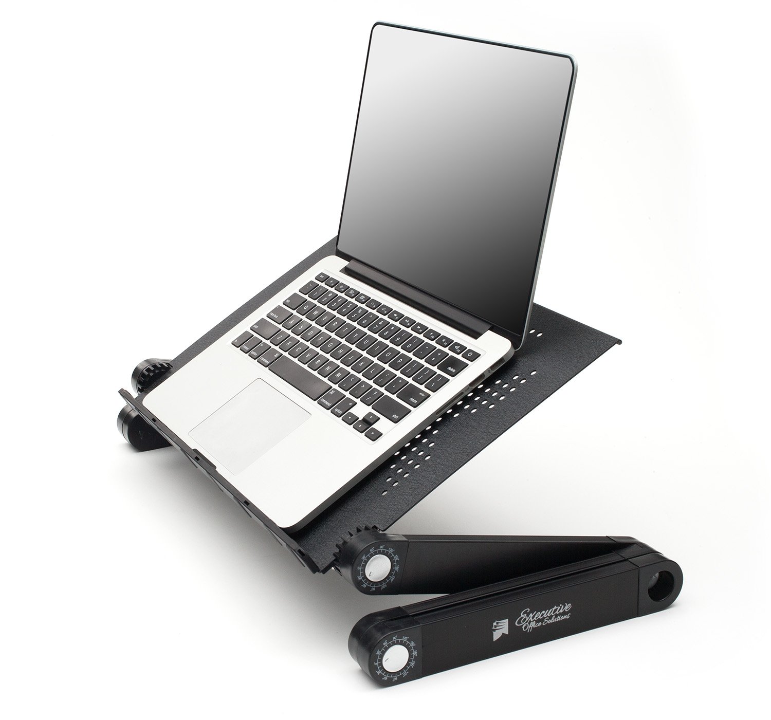 Portátil Ventilador con soporte portátil / mesa portátil MacBook TV ergonómica Cama Regazo Levántese Sentado con almohadilla Montaje lateral - Negro.