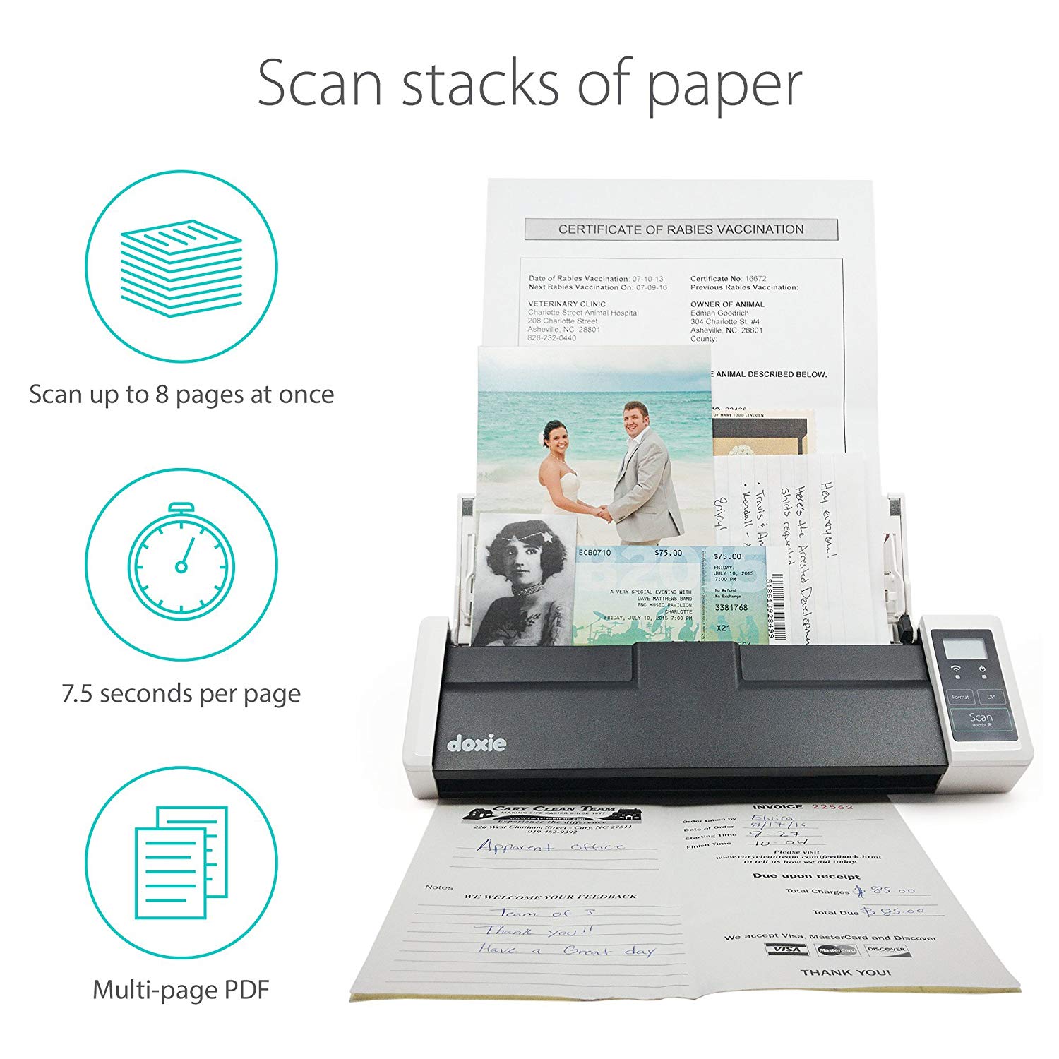 Escáner de documentos inalámbrico recargable con alimentador automático de documentos (ADF)
