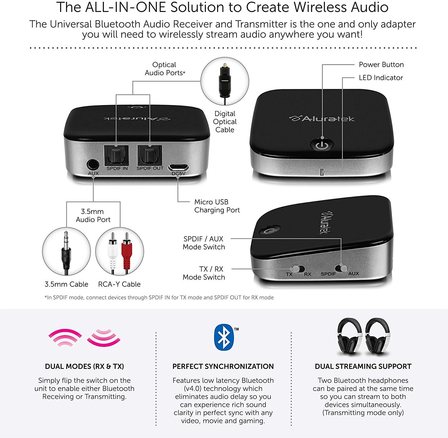 Aluratek ABC02F Receptor y transmisor de audio Bluetooth 2 en 1 inalámbrico 0.138 in adaptador de audio óptico, emparejamiento con 2 auriculares Bluetooth simultáneamente en modo transmisor