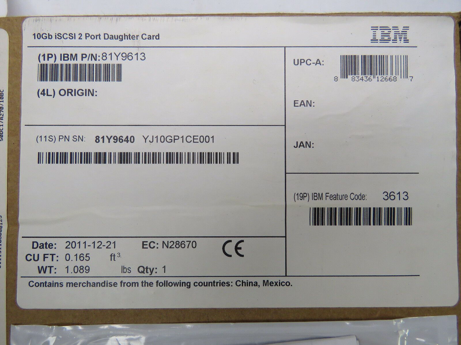 IBM DS3512 / DS3524 10Gb iSCSI 2 Port Daughter Card, FRU 81Y9943