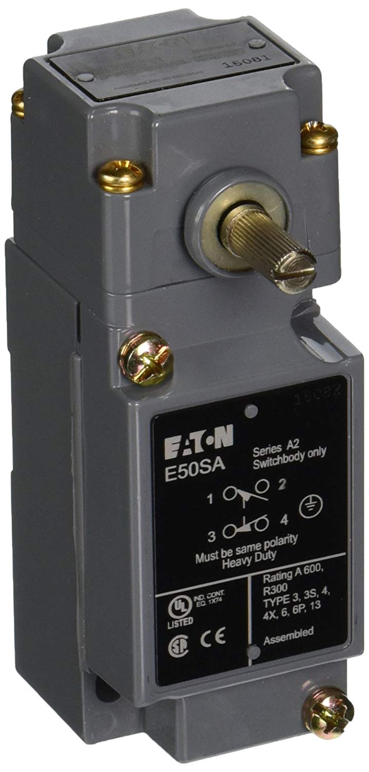 Eaton E50AR1 Interruptor de Límite para Trabajo Pesado, Tipo de Actuador Giratorio Lateral, Conexión de Conducto NPT de 1/2 pulg., Contactos DPST-1NO / 1NC