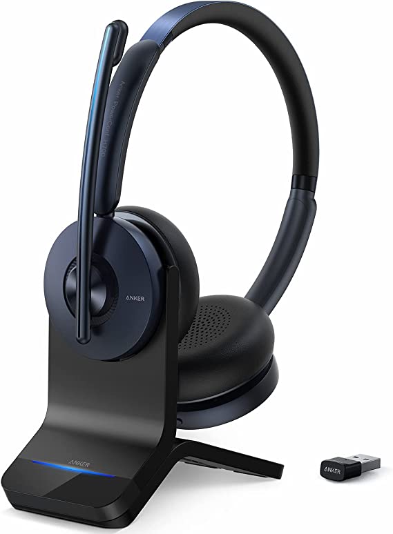 Anker PowerConf H700 con soporte de carga, auriculares Bluetooth con micrófono, cancelación activa de ruido, grabación de audio y transcripción de reuniones, llamadas mejoradas por IA, compatible con plataformas de conferencias