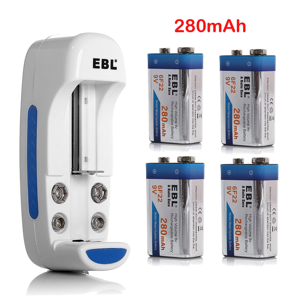 EBL 4 pack 280mAh 9V Rechargeable Batteries +Charger for Li-ion AA AAA NIMH NIC