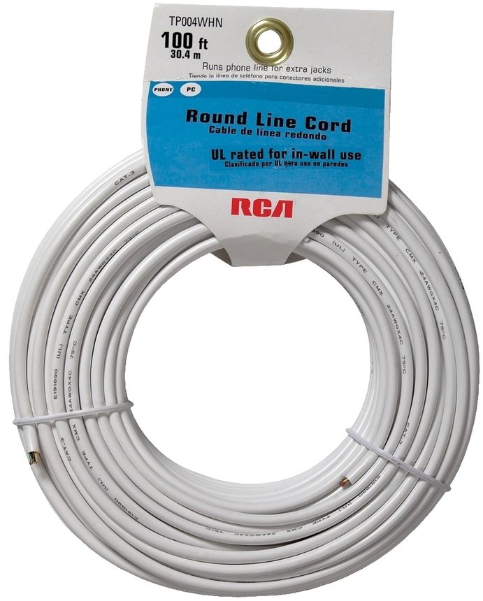 RCA 100 and #39; 4-Wire Round Line Cord - White Audiovox Telephone Plug Modular