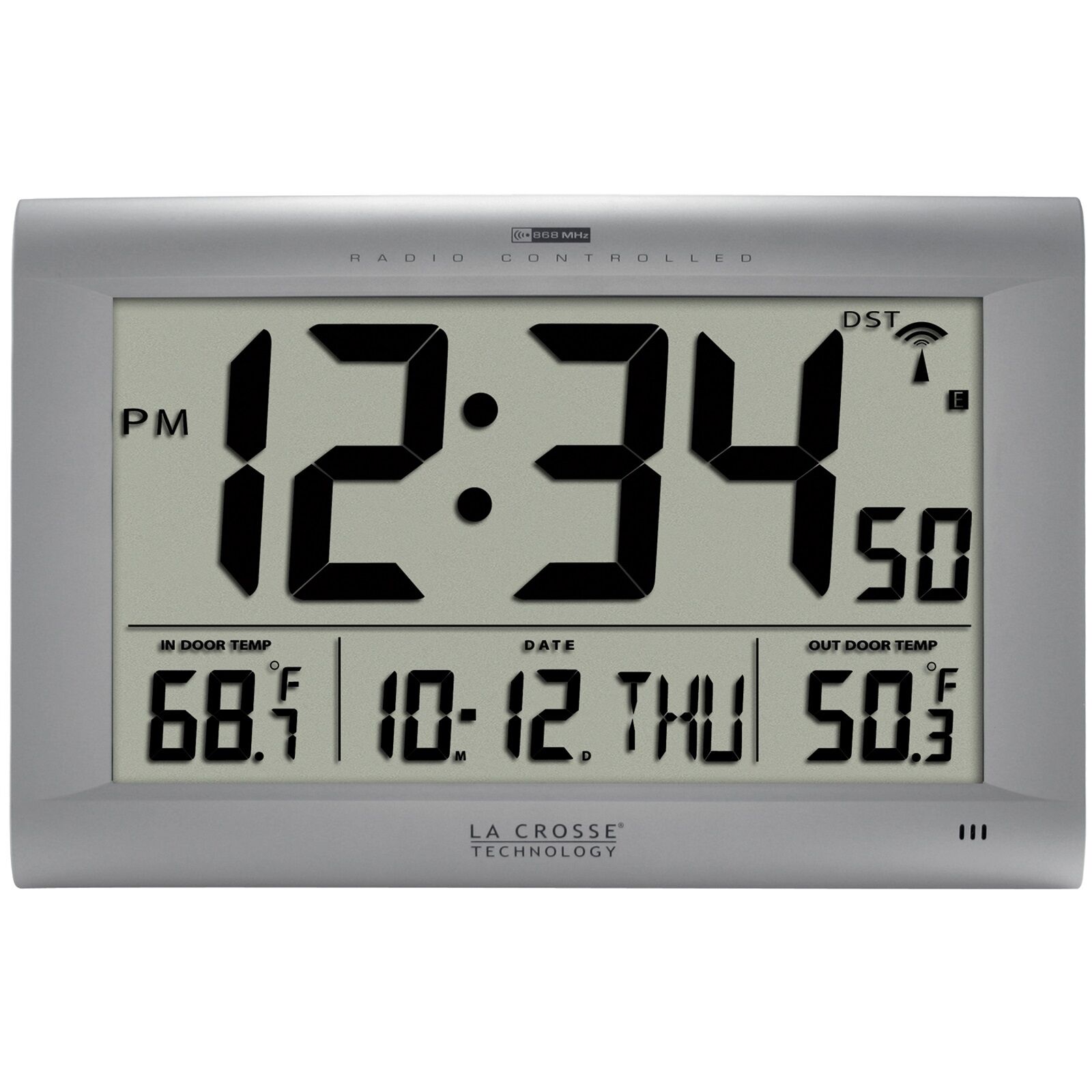 Reloj de pared digital indicador de temperatura, hora y fecha, alarma.