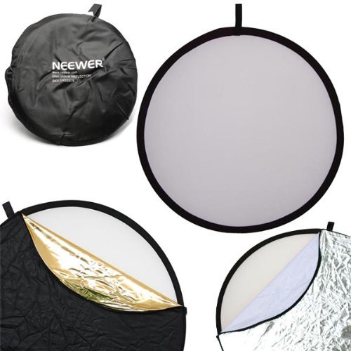 Reflector de luz de discos múltiples plegable en 43 pulgadas / 110 cm con bolsa, translúcido, plateado, dorado, blanco y negro.