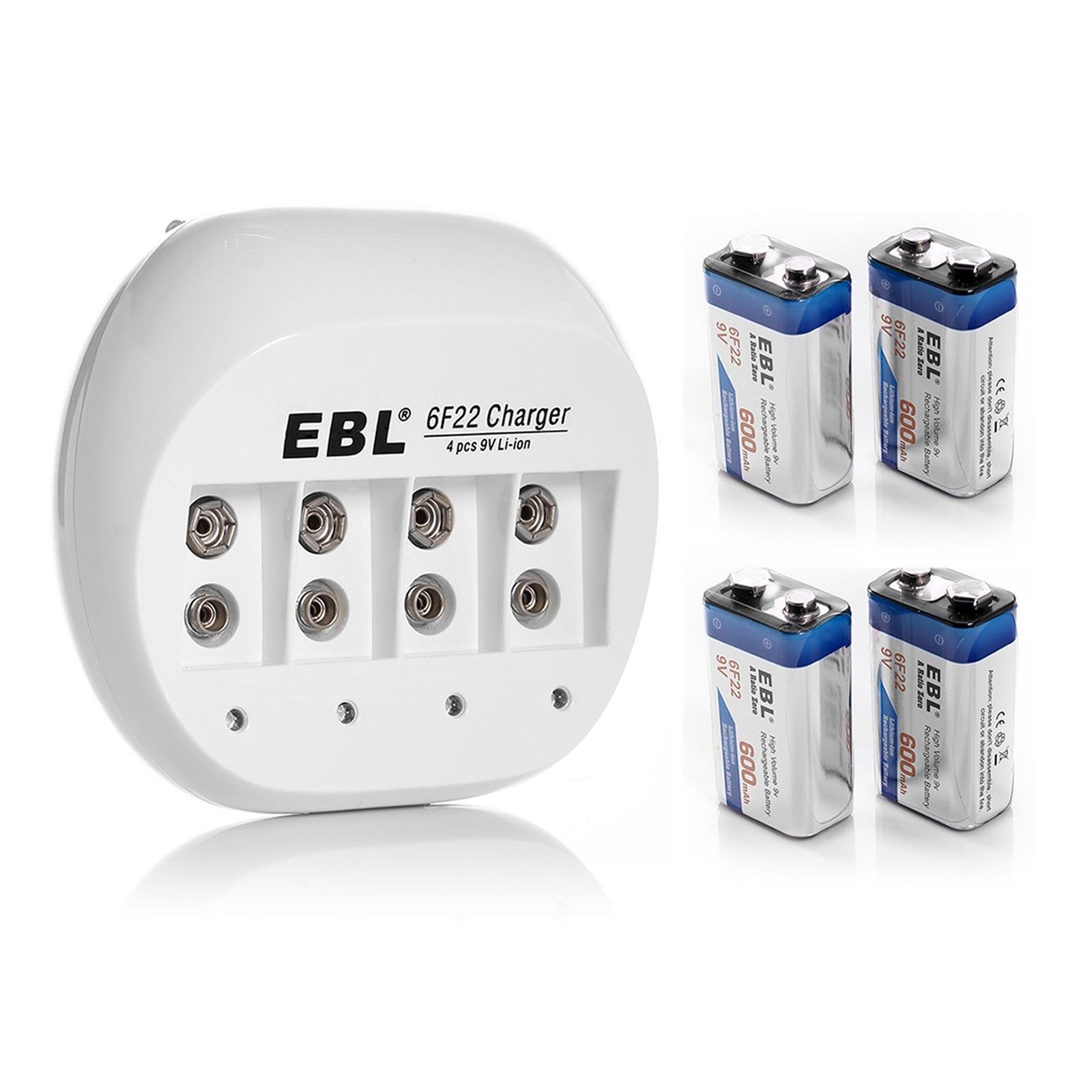EBL 4x 600mAh 9V Li-ion Rechargeable Batteries + 9 VOLT Battery Charger