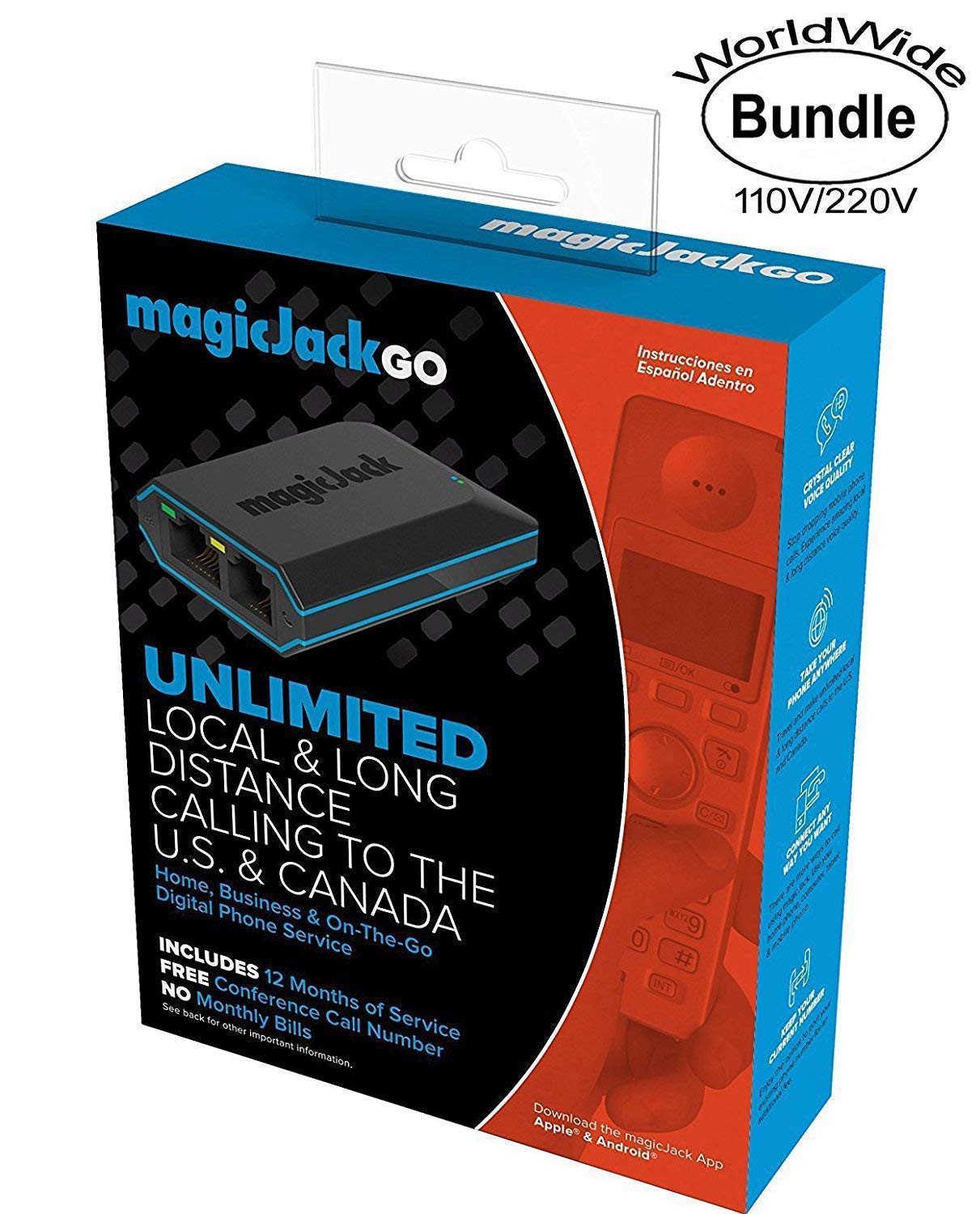 Servicio de teléfono digital MagicJack Go con EE. UU. - Adaptador de enchufe de pared internacional de doble voltaje 110V-220V de WorldWide internacional y ZONOZ