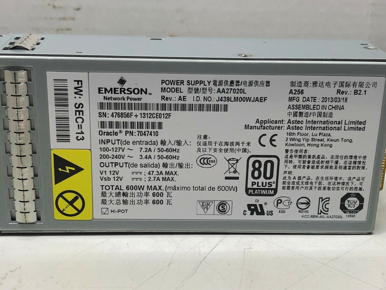 Emerson AA27020L A256 600W fuente de alimentación de entrada de corriente alterna Oracle Sun 7047410 (reacondicionada)