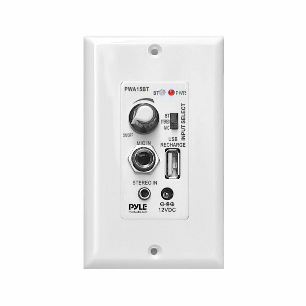 Pyle Amplificador de pared para control de sonido entrada auxiliar y entrada de microfono 1 puerto USB de carga Blanco.