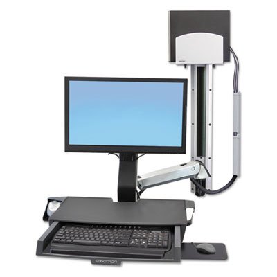 Ergotron 45-270-026 StyleView Sit-Stand Combo System with Worksurface and Medium Silver CPU Holder - Mo